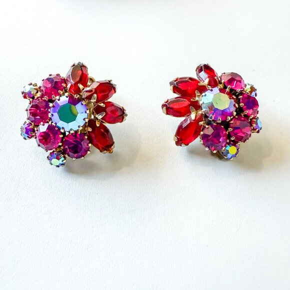 Weiss Red Aurora Borealis Pink Rhinestone Brooch & Clip-On Earrings - Picture 5 of 9